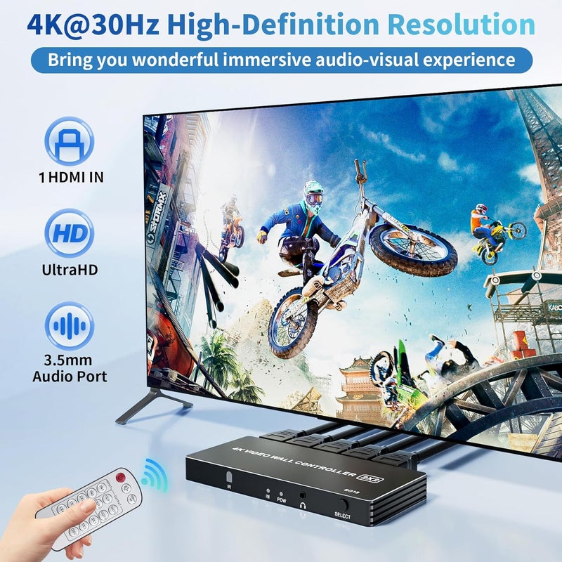 LUKFOCAB 4K HDMI Video Wall Controller 2x2, TV Wall Processor with 8 Splicing Modes, 180° Rotate, 3.5mm Audio Extractor, IR Remote, 2x2, 1x2, 1x3, 1x4, 2x1, 3x1, 4x1, 4 TV Screen into 1 Wall Display - Image 2